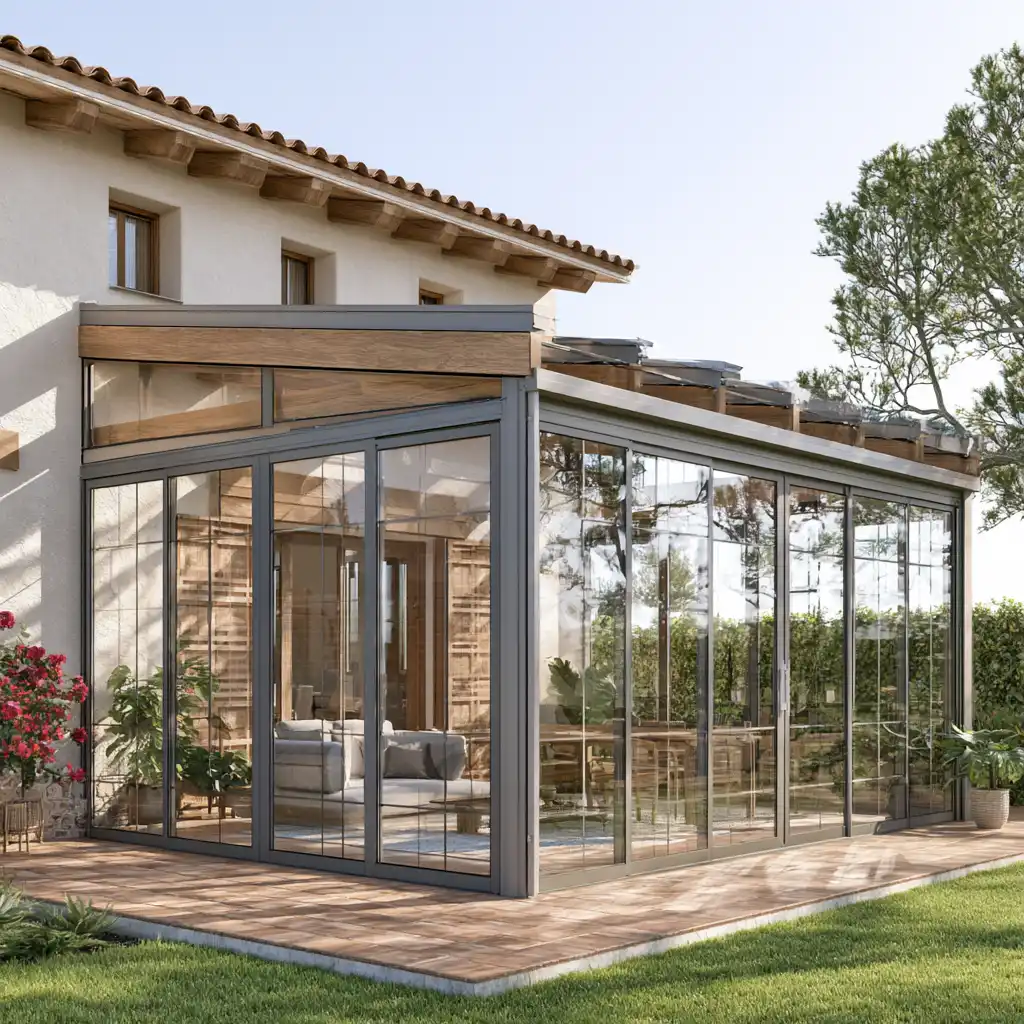 Cortina de cristal plegada en una terraza con vistas en Valladolid